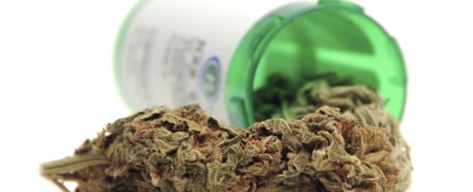 Marijuana bud and prescription pill bottle on white background.